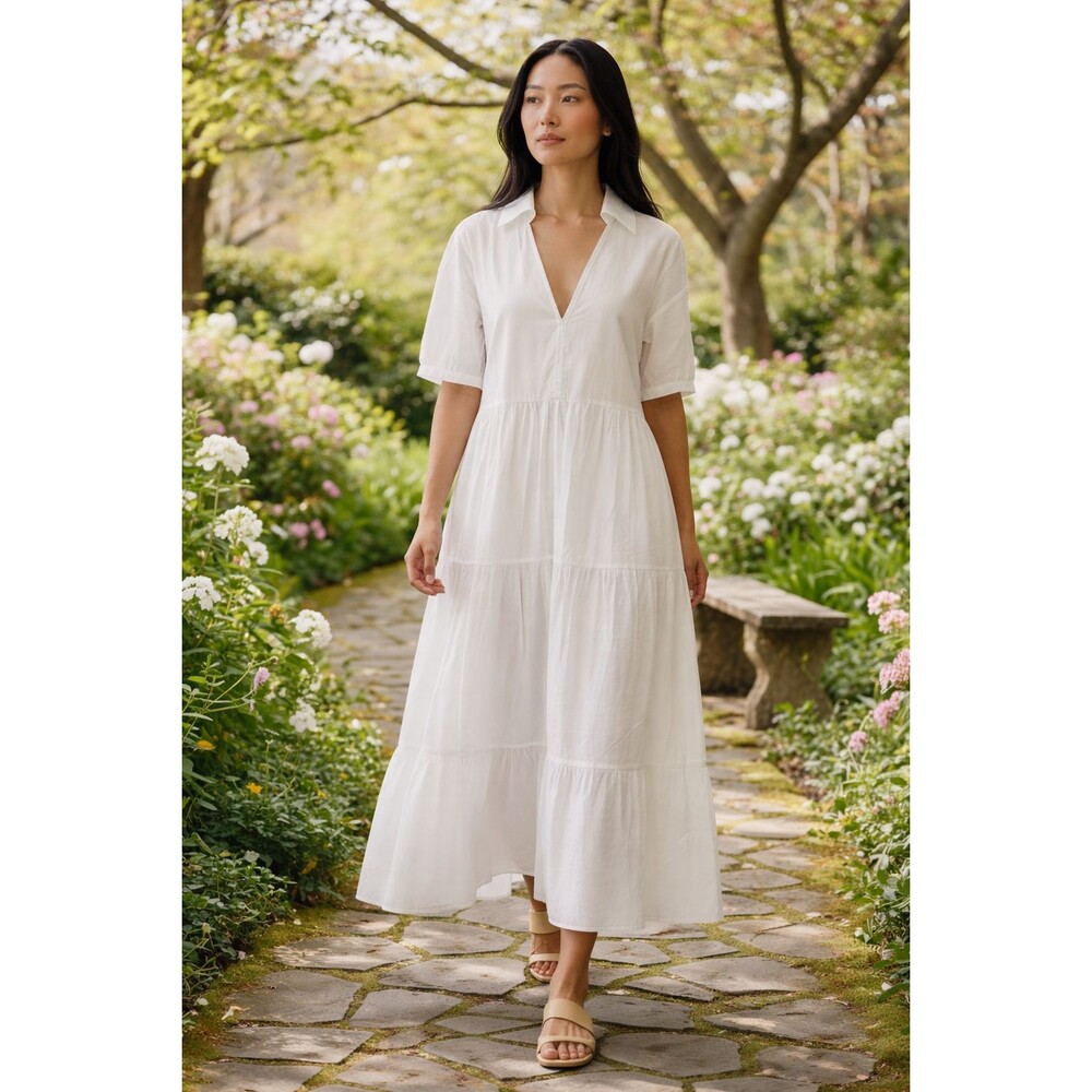 Zara White Cotton Poplin Tiered Midi Dress Coastal Romantic Sz S NWT